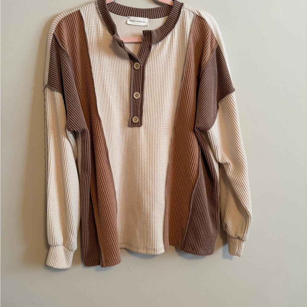 Lovely Melody Ribbed waffle Knit Top in Brown chocolate and Cream